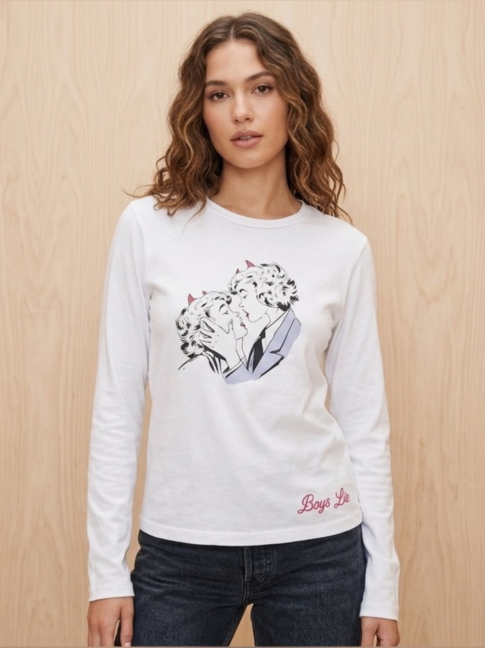 Boys Lie White Crewneck Long Sleeve Tee with Black Tag Graphic